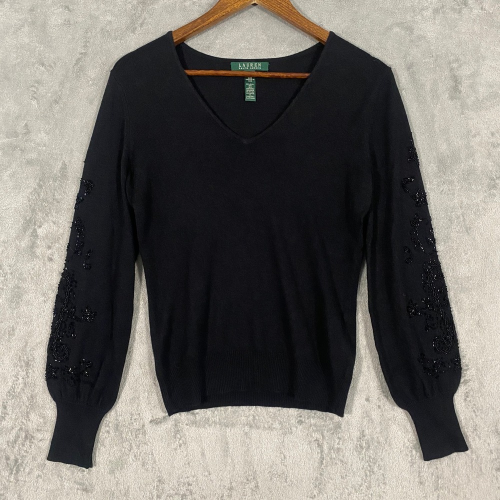 LRL Ralph Lauren Sweater Sz S Black Silk Cashmere Beaded Balloon Slv Whimsigoth